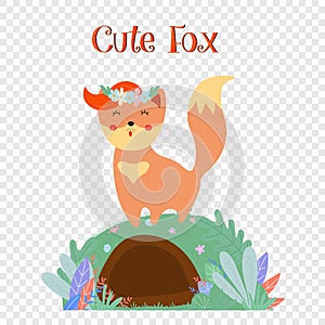 Cute fox in flower wreath stand on foxy burrow