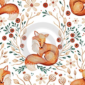 Cute fox forest flower watercolor seamless pattern