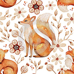 Cute fox forest flower watercolor seamless pattern