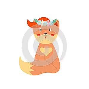 Cute fox with ginger forelock in flower wreath