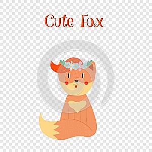 Cute fox with ginger forelock in flower wreath sit