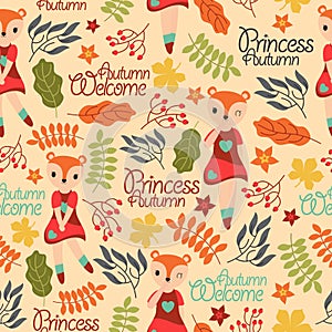 Cute fox girl and autumn elements on yellow background vector cartoon suitable for birthday wallpaper