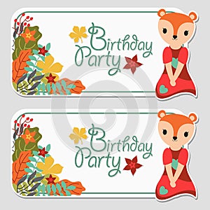 Cute fox girl and autumn floral suitable for birthday label design