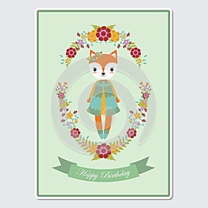 Cute fox girl on floral wreath suitable for birthday card design