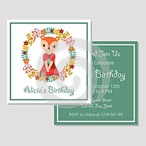 Cute fox girl on floral wreath suitable for birthday card design