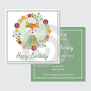 Cute fox girl on flower wreath suitable for birthday card