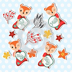 Cute fox girls and autumn element suitable for kid sticker set