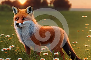 Cute fox on green lawn with daisies at sunset. Beautiful cunning animal on green grass with wild flowers, chamomiles