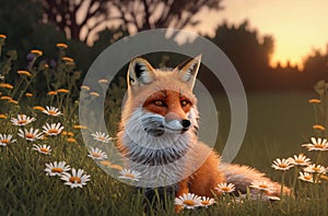Cute fox on green lawn with daisies at sunset. Beautiful cunning animal on green grass with wild flowers, chamomiles