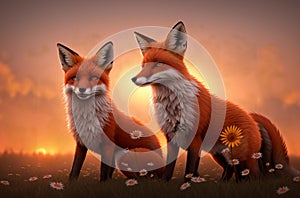 Cute fox on green lawn with daisies at sunset. Beautiful cunning animal on green grass with wild flowers, chamomiles