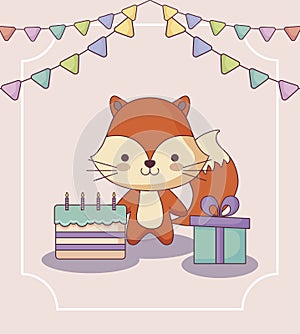 Cute fox happy birthday card with gift and icons