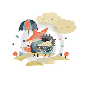 Cute fox and hedgehog walking under umbrella