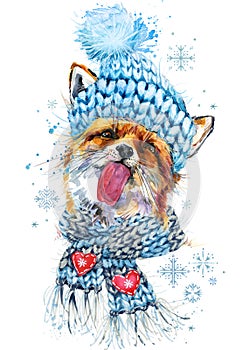 Cute fox in a knitted hat with snowflake watercolor background. watercolor winter wild forest animal illustration.