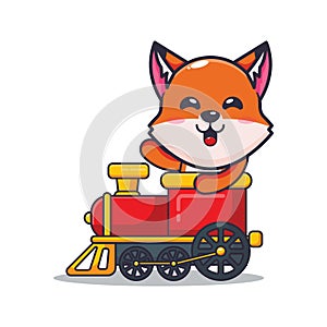 Cute fox mascot cartoon character ride on train.