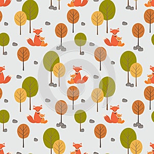 Cute fox mom and her kid in autumn forest seamless.