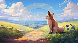 Cute Fox On Path: Expansive Skies And Neo-geo Landscapes