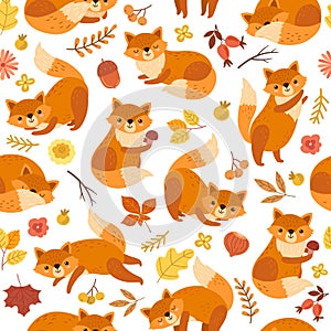 Cute fox pattern. Orange foxes print, awesome wild forest animal. Funny woodland wallpaper, exact baby nursery nature