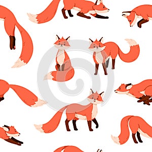 Cute fox pattern. Seamless background with funny happy wild red orange animals, repeating print. Endless printable foxy