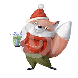cute fox with present box, watercolor holiday illustration with cartoon character