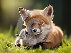 Cute fox and rabbit hugging each other