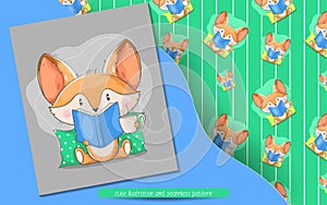 cute fox read a book illustration and seamless pattern