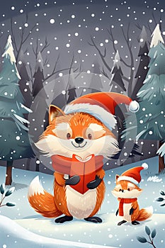 Cute fox with santa claus hat in winter forest illustration.