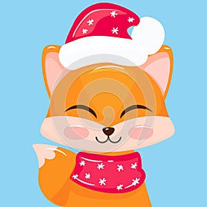Cute fox with Santa hat and scarf. New Year Cartoon design. Animal character