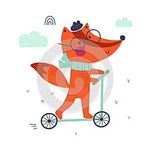 Cute fox on a scooter. Kids print. Vector illustrations