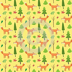 Cute Fox Seamless pattern. Cartoon Animals in forest background. Vector illustration