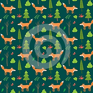 Cute Fox Seamless pattern. Cartoon Animals in forest background. Vector illustration