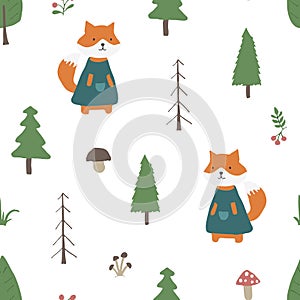 Cute Fox Seamless pattern. Cartoon Animals in forest background. Vector illustration