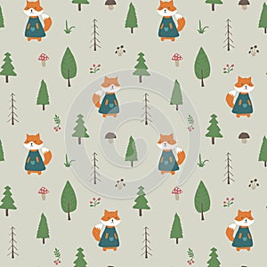 Cute Fox Seamless pattern. Cartoon Animals in forest background. Vector illustration