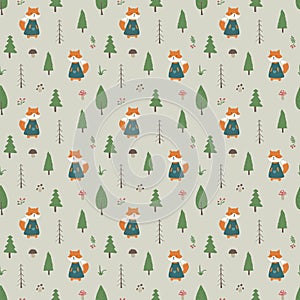 Cute Fox Seamless pattern. Cartoon Animals in forest background. Vector illustration