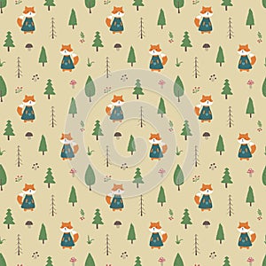 Cute Fox Seamless pattern. Cartoon Animals in forest background. Vector illustration