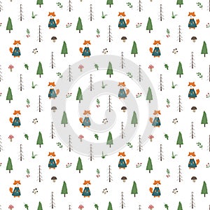 Cute Fox Seamless pattern. Cartoon Animals in forest background. Vector illustration