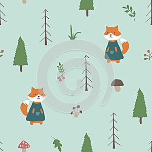 Cute Fox Seamless pattern. Cartoon Animals in forest background. Vector illustration