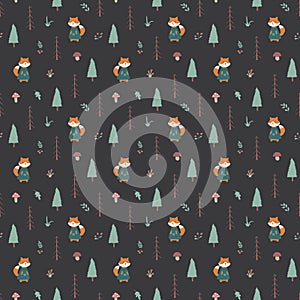 Cute Fox Seamless pattern. Cartoon Animals in forest background. Vector illustration