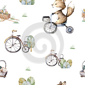 Cute fox seamless pattern. Foxy endless background, texture. Children`s backdrop. Hand paintig watercolor illustration
