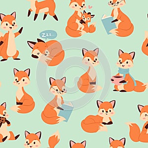 Cute fox seamless pattern with foxy endless background, texture, children s backdrop vector illustration.