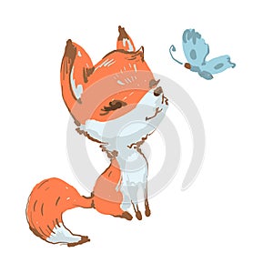 Cute fox seating and smiling to butterfly vector illustration isolated on white