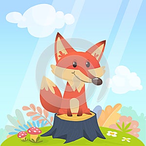 Cute fox sits on a stupm tree in the meadow. Vector illustration with animals in cartoon style