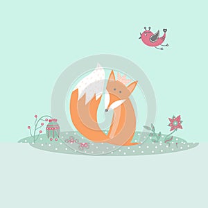 Cute fox sitting on lawn in forest with bird and flowers in cartoon style