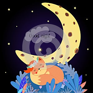 Cute fox sleeping curl up in forest field at night