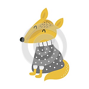 Cute fox in sweater. Adorable foxy animal baby. Childish animal character vector
