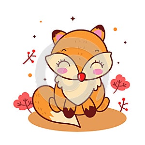 Cute fox vector Kawaii animal cartoon, autumn woodland forest characters