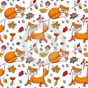 Cute fox walks in the autumn forest. Rainy weather. Seamless pattern. Kid print.