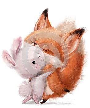 cute fox with white hare huxing