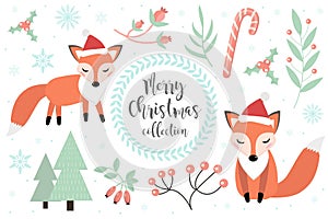 Cute fox in the winter forest set of objects. Collection of design elements with a little foxy in a hat of Santa Claus