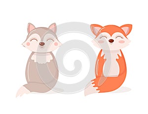 Cute fox and wolf flat vector illustration