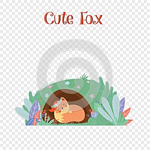 Cute fox in wreath sleep in foxy burrow isolated